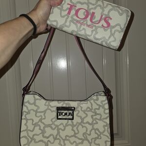 Tous Cream and Gray Shoulder Bag with Pink Accents